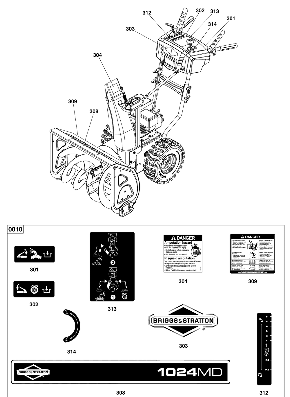 Decals Group Diagram and Parts List for 1696614-01-1024MD 2017 Briggs and Stratton Snow Blower